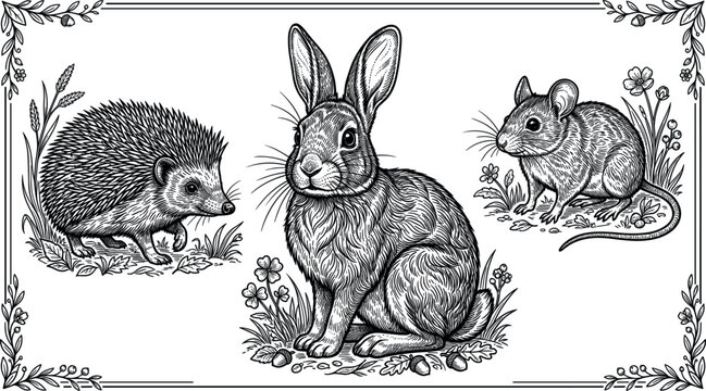 Vintage hand drawn forest animals vector set featuring detailed rabbit hedgehog and wood mouse line art illustrations isolated on white background