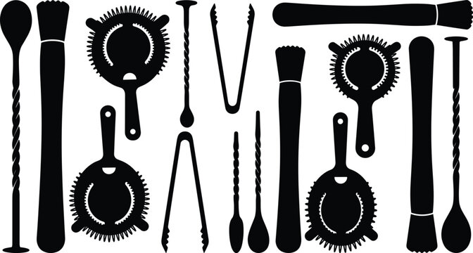 Black silhouette collection of professional bartender tools featuring strainers, muddlers, bar spoons, and ice tongs for cocktail preparation.