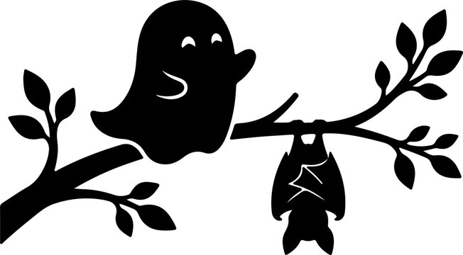 Ghost and a hanging bat perch on a tree branch silhouette icon.