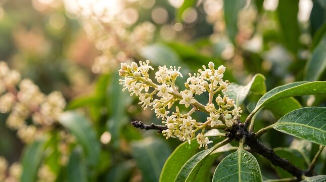 Close-up of blooming white privet flowers on green leafy branch in soft sunlight