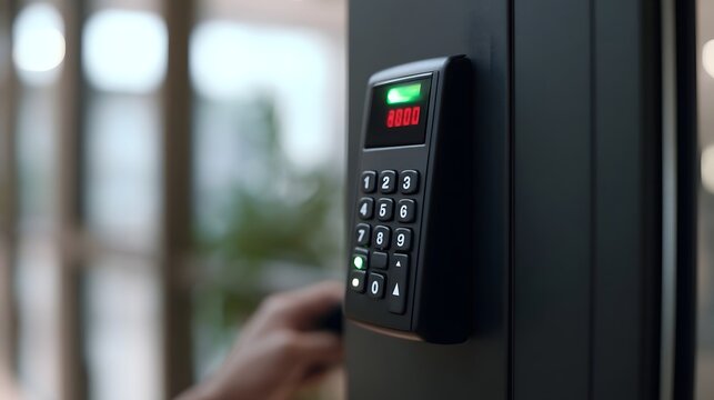 A close up of a digital keypad on a door with a hand nearby  showing red numbers and green indicator lights