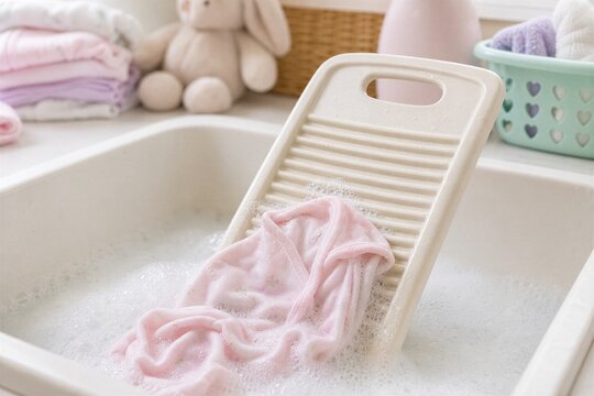 Pink clothes on a sliver washboard in a soapy sink