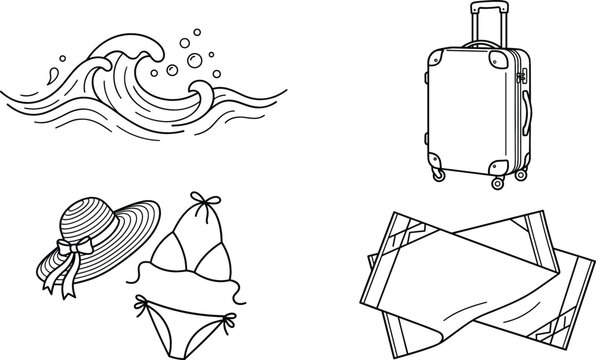 Summer beach vacation line icon vector illustration set with suitcase wave bikini straw hat and towel on white.