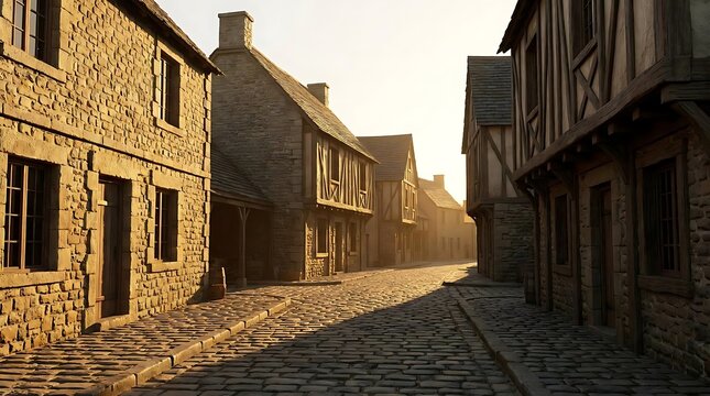 A quiet cobblestone street in a colonial style town reminiscent of the 13 colonies flag era reflecting early American history in soft morning sunlight.