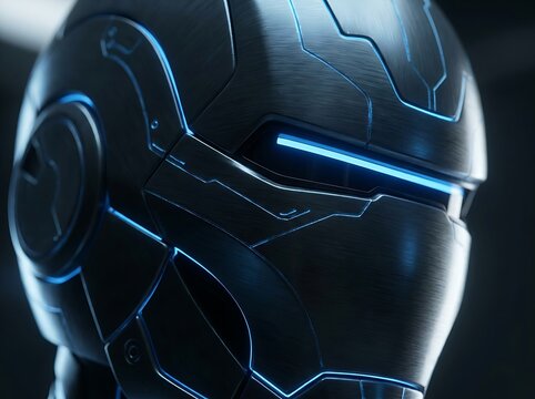Futuristic dark robotic helmet with glowing blue light visor detail, artificial