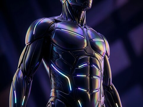 Futuristic cybernetic human physique with iridescent armor plating details