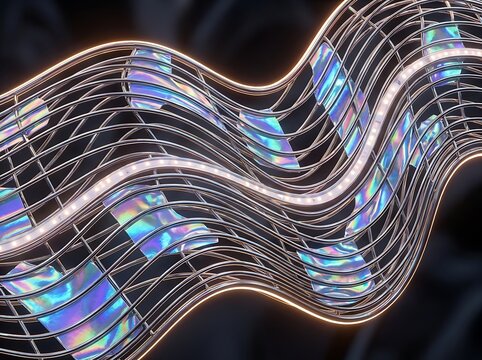 Abstract wavy metallic fabric with holographic shimmer and glowing ribbons