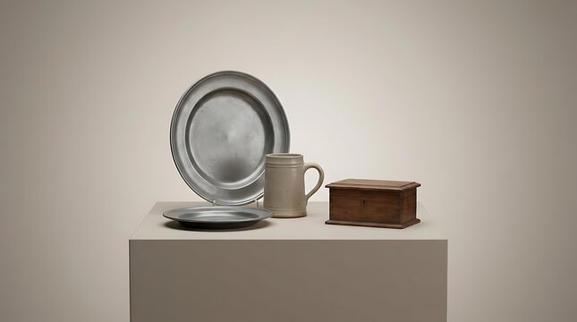 Still life arrangement with 13 colonies flag period kitchenware and wooden box on a pedestal representing the early history of the united states era.