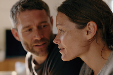 Obraz premium A man and woman sharing a tender, intimate moment, their close proximity highlighting the warmth and love they experience together in this softly lit environment.