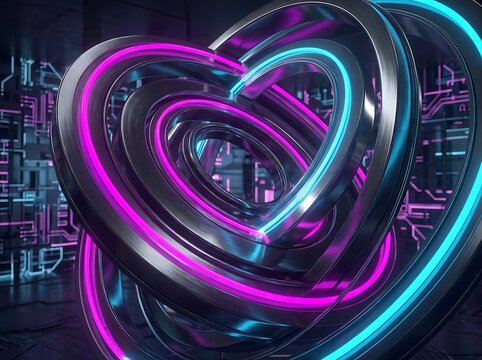 Abstract interlocking heart shaped rings with neon cyberpunk lights, sci