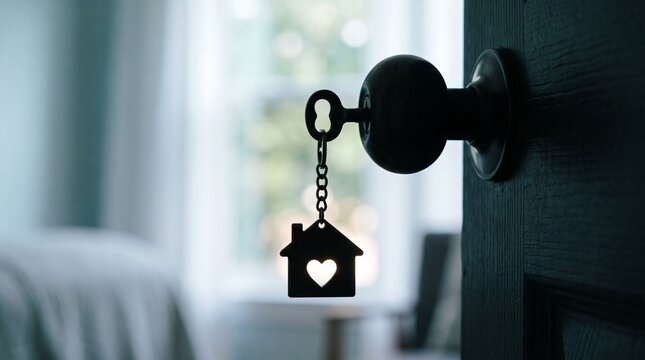 House key in door knob with home shaped keychain and heart cutout