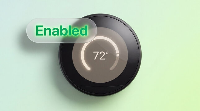 Smart thermostat with circular display showing temperature and enabled icon