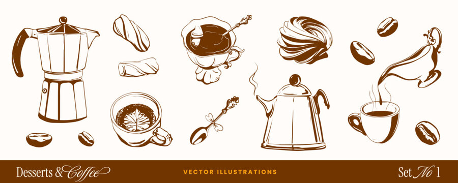 Coffee and Desserts food doodle sketch icons with coffee pot, breakfast cups and spoon with ribbon, bow element Hand-drawn vintage vector whimsical illustrations set for Italian latte party invitation