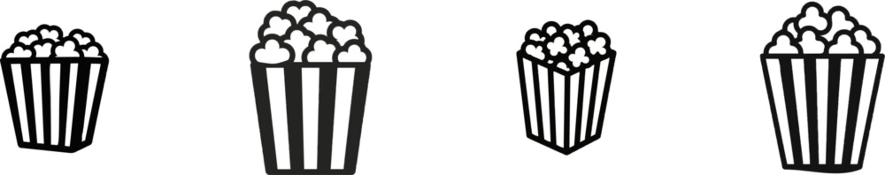 A premium black and white flat vector icon of a striped box of popcorn features solid black lines and fills, embodying a modern UI style with an exclusive minimalist design against a pure white