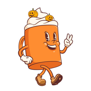 Halloween Groovy Pumpkin Spice Coffee Retro Character. Cartoon Latte Cup Topped With Cream Walking and Smiling. Vector Spooky Autumn Holiday Mascot Template. Happy Vintage Cool Illustration Isolated