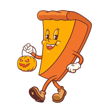 Halloween Groovy Pumpkin Pie Retro Character. Cartoon Sweets Cake Pudding Walking with Jack O Lantern. Vector Autumn Holiday Pumpkin Spice Food Mascot Template Happy Vintage Cool Illustration Isolated