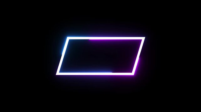 Neon parallelogram frame glowing with purple and blue light on dark black background loop.