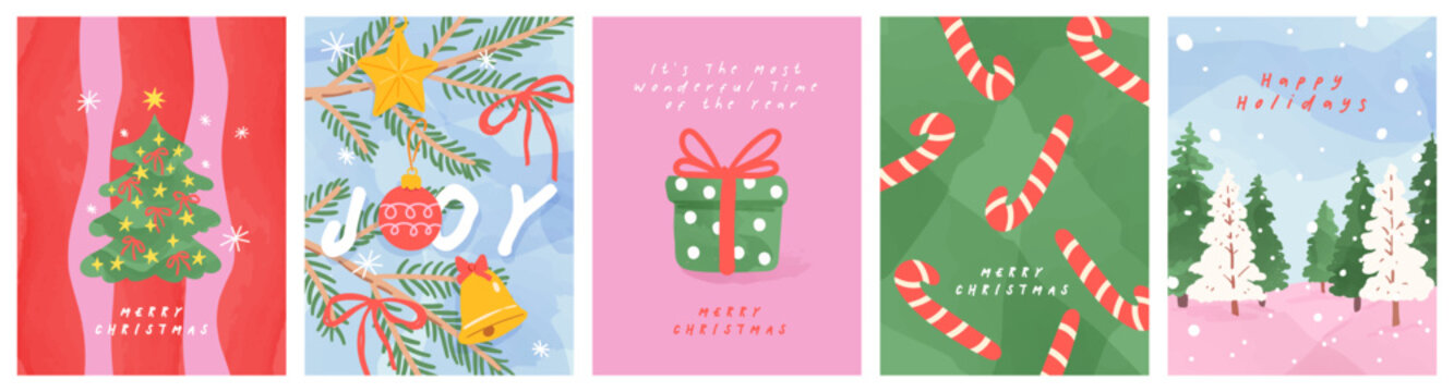 Playful Christmas collection with cozy hand-drawn illustrations featuring a decorated Christmas tree, fir branches, candy canes, wrapped gift and snowy winter forest. Ideal for greeting cards, brandin