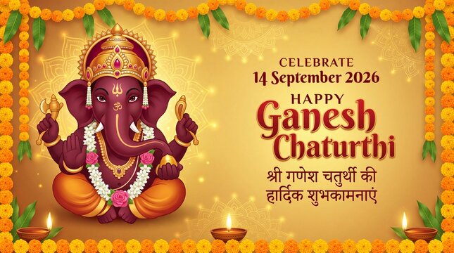 Happy Ganesh Chaturthi 2026 Greeting Card Vector Banner with Lord Ganesha Illustration, Marigold Flower Garland Frame, Diya Oil Lamps, Mandala Art, and Hindi Typography ... See More