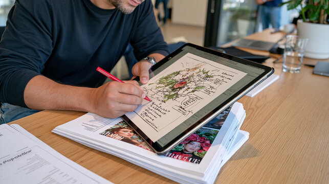 Technical writer in a rain soaked rooftop workspace reviewing documentation on a tablet, close up of hands annotating printed spec sheets with a red pen, makeup artist editorial tear sheets tucked b