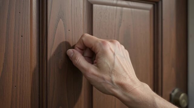 Close up of hand knocking on wooden door