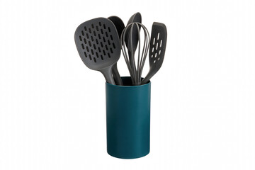 Grey Silicone Kitchen Utensil Set in Teal Holder