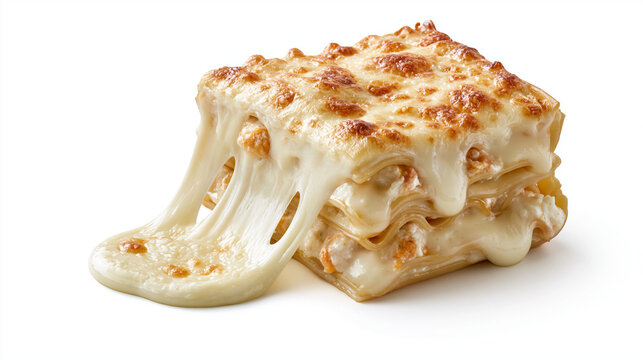 Cheese Lasagna with Melted Mozzarella Isolated on White Background