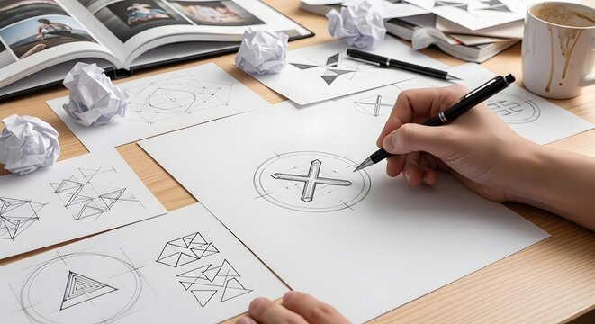Graphic designer hand drawing creative sketches and geometric logos with black pen on white paper at office desk with books and coffee mug in a professional workspace during the day