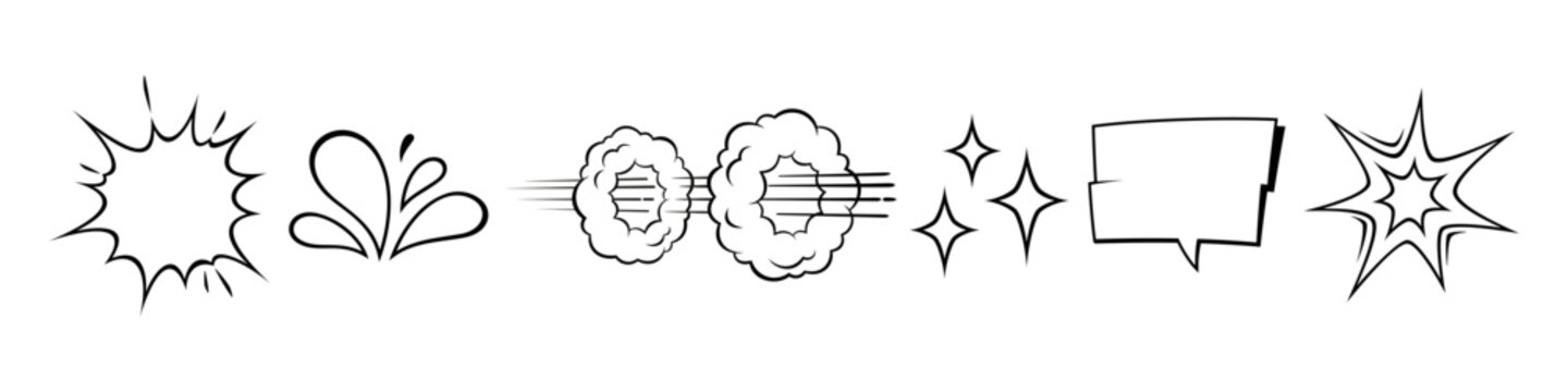 Comic speed clouds and cartoon effects with burst lines. Vector manga elements with explosive action motion, splash impact graphics and pop energy patterns for superhero illustration designs.
