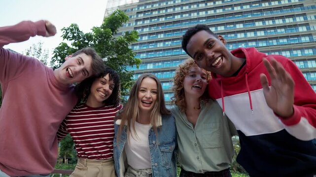Diverse group of friends taking a selfie video together