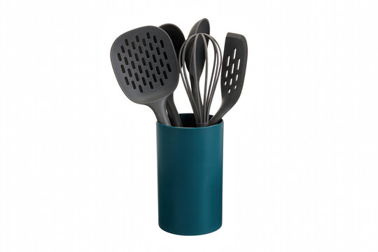 Grey Silicone Kitchen Utensil Set in Teal Holder
