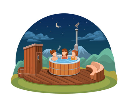 Three People Relaxing in a Wooden Hot Tub at Night with Snowy Mountains &ndash; Cartoon Illustration Vector