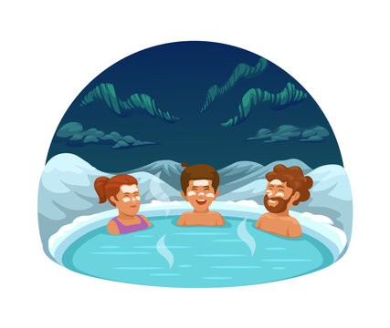 Three People Relaxing in a Hot Spring in a Snowy Mountain Landscape Under the Aurora Illustration Vector