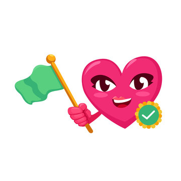 Female Heart Character Holding Green Flag &ndash; Happy Emotion Cartoon Illustration Vector