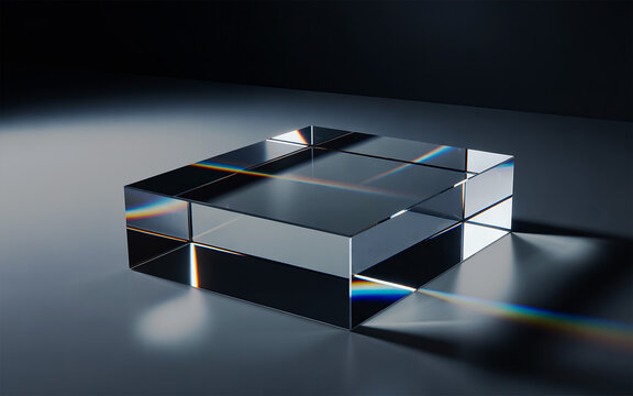 Glass block podium with chromatic dispersion light refraction