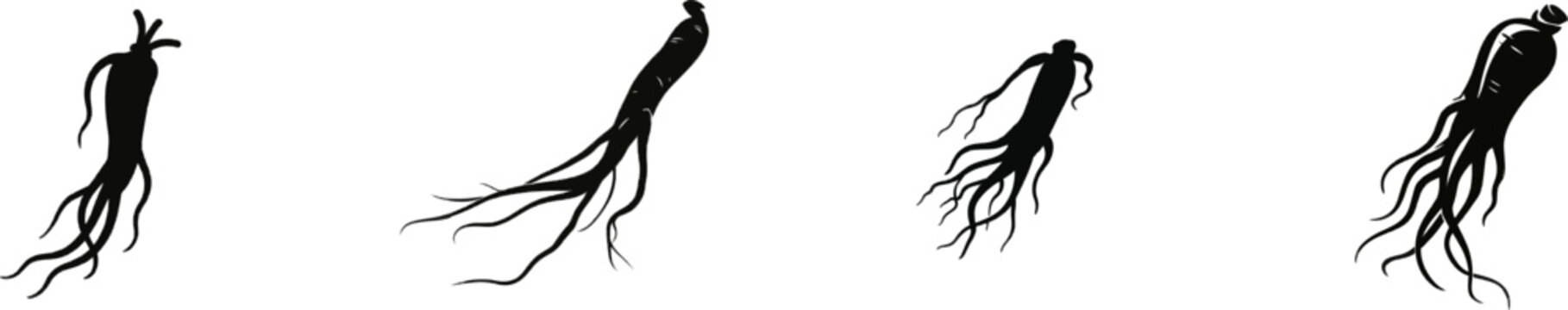 A premium black-and-white flat vector icon of a pressed ginseng root features solid black lines and fills, exuding a modern UI style with an exclusive minimalist design, isolated on a pure white