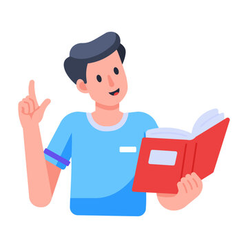 Flat icon of a book reader holding an open red book while pointing upward, shown in a blue shirt for reading, books, learning, education, and study themes.