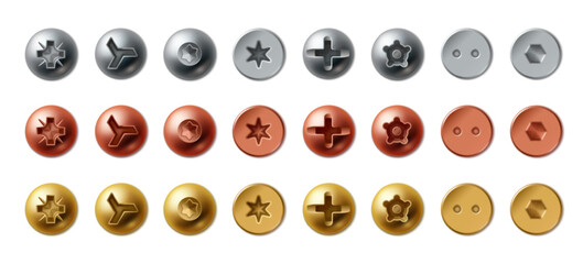 Fototapeta premium Bolt heads and metal screws isolated on white background. Vector realistic illustration of shiny steel, golden, bronze fasteners with round hats, top view hardware icons for industrial illustrations