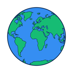 Fototapeta premium A hand-drawn style flat illustration of planet Earth with green continents and blue oceans on a black background.