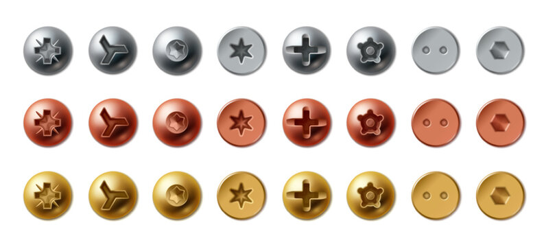 Bolt heads and metal screws isolated on white background. Vector realistic illustration of shiny steel, golden, bronze fasteners with round hats, top view hardware icons for industrial illustrations