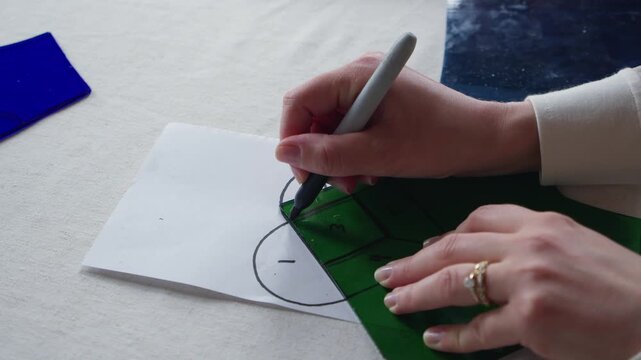 A female art student uses a sharpie to trace a diamond onto a piece of green stained glass during a couples art class.