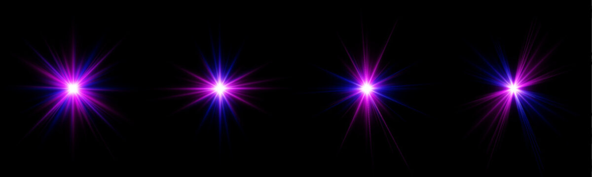 Neon star set glows brightly on a dark abstract background. Pink, blue, and purple spark flares create a magical atmosphere. Colorful collection of shining neon stars.