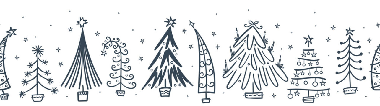 Hand drawn doodle trees seamless pattern, background, cute design, great for Christmas wrapping paper, fabrics, banners, wallpapers - vector design