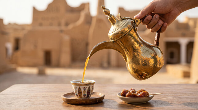 Saudi Coffee Served from a Dallah into a Traditional Finjan.