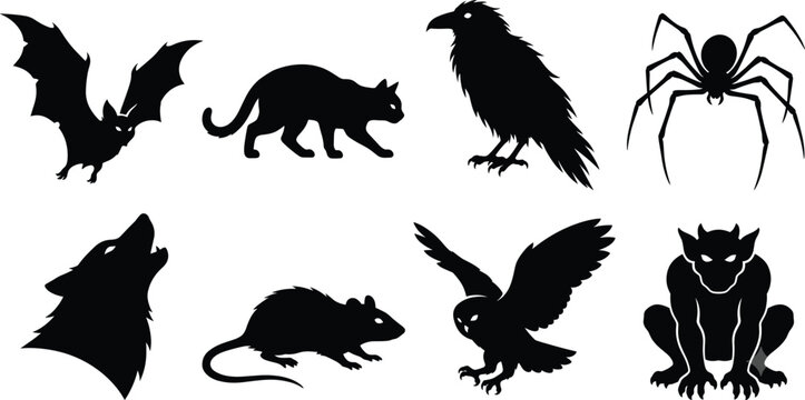Collection of spooky Halloween black silhouettes featuring bat cat raven spider howling wolf rat owl and gargoyle