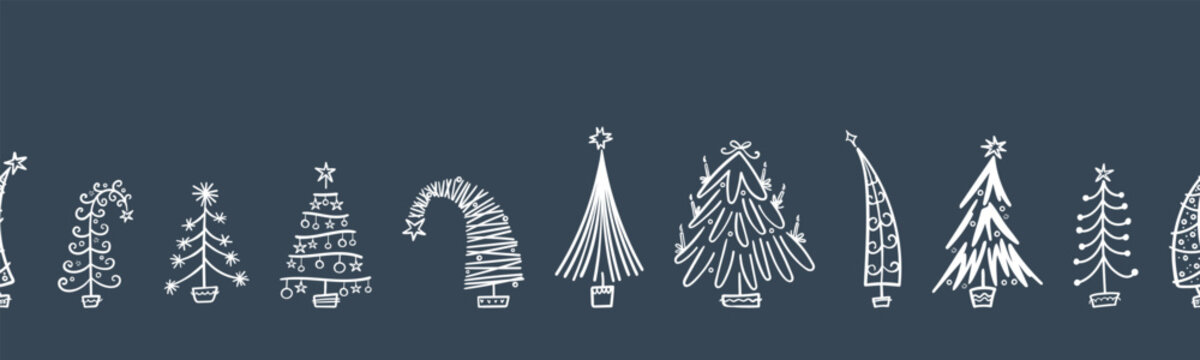 Hand drawn doodle trees seamless pattern, background, cute design, great for Christmas wrapping paper, fabrics, banners, wallpapers - vector design