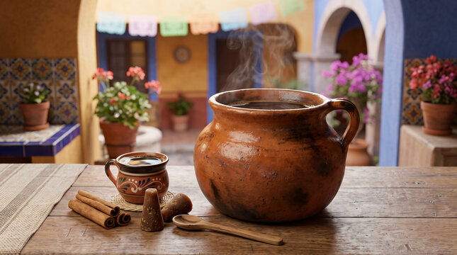 Traditional Mexican Caf&eacute; de Olla Prepared in a Clay Pot.