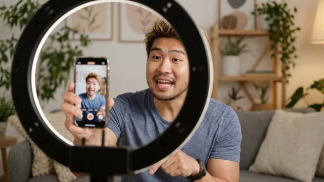 Asian male influencer recording social media with smartphone and ring light at home creator vlogger