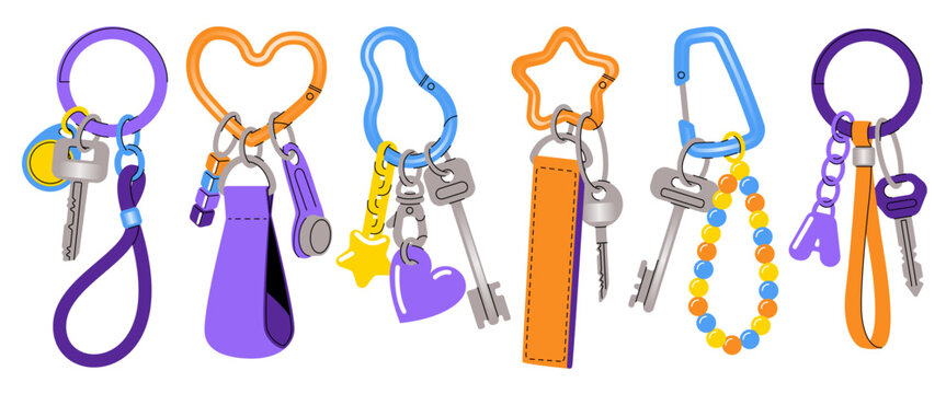 Collection of cute keychains with funny charms and trinkets isolated on background. Contemporary vector illustration of trendy key ring accessories with heart, star and beads pendants, girly souvenir
