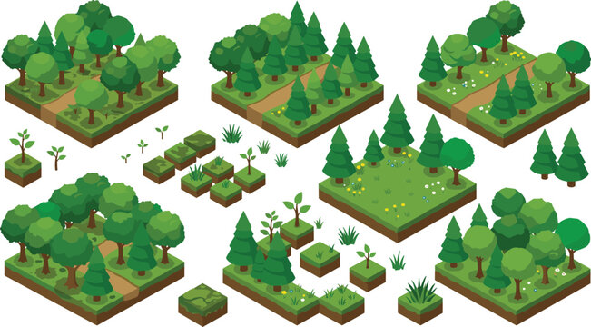 Isometric Green Forest Tiles Set with Trees Plants and Paths for Game Level Map Design
